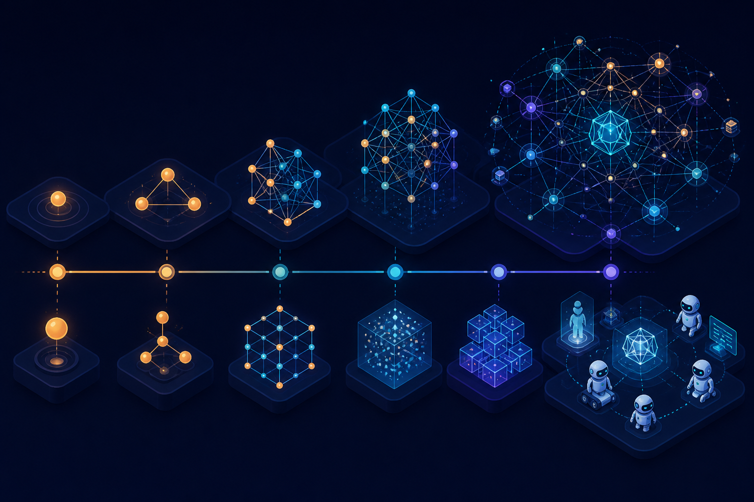 Abstract futuristic timeline of AI evolution